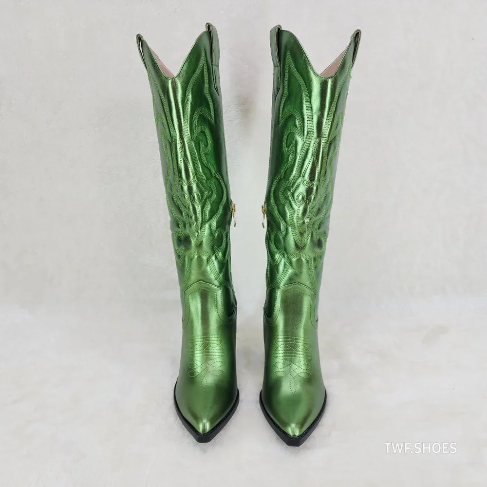 Electric Cowboy Brush Metallic Matte Western Knee High Cowgirl Boots Green - Picture 8 of 11
